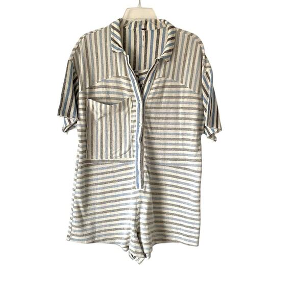 Free People Boys Lie Blue Cream Striped Boardwalk Button-Up Romper size XS - Picture 2 of 8